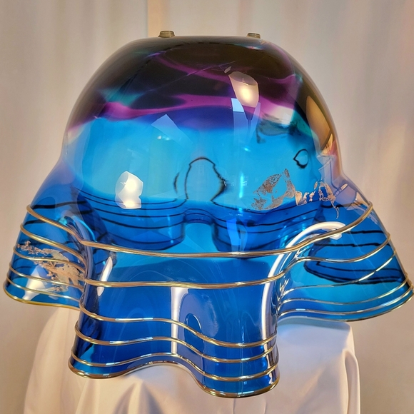 Scott & Laura Curry PNW Art Glass Blue/Gold Large Ruffled Handkerchief Bowl 2002 - Picture 7 of 10
